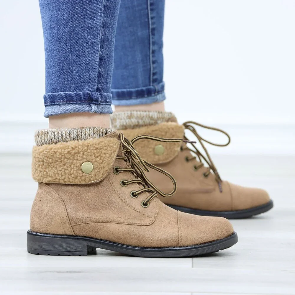 Sherpa Ankle Lined Combat Flat Heel Ankles Boots Tan Faux Leather - Picture 3 of 12